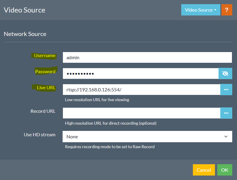 Entering RTSP URL credentials in iSpy