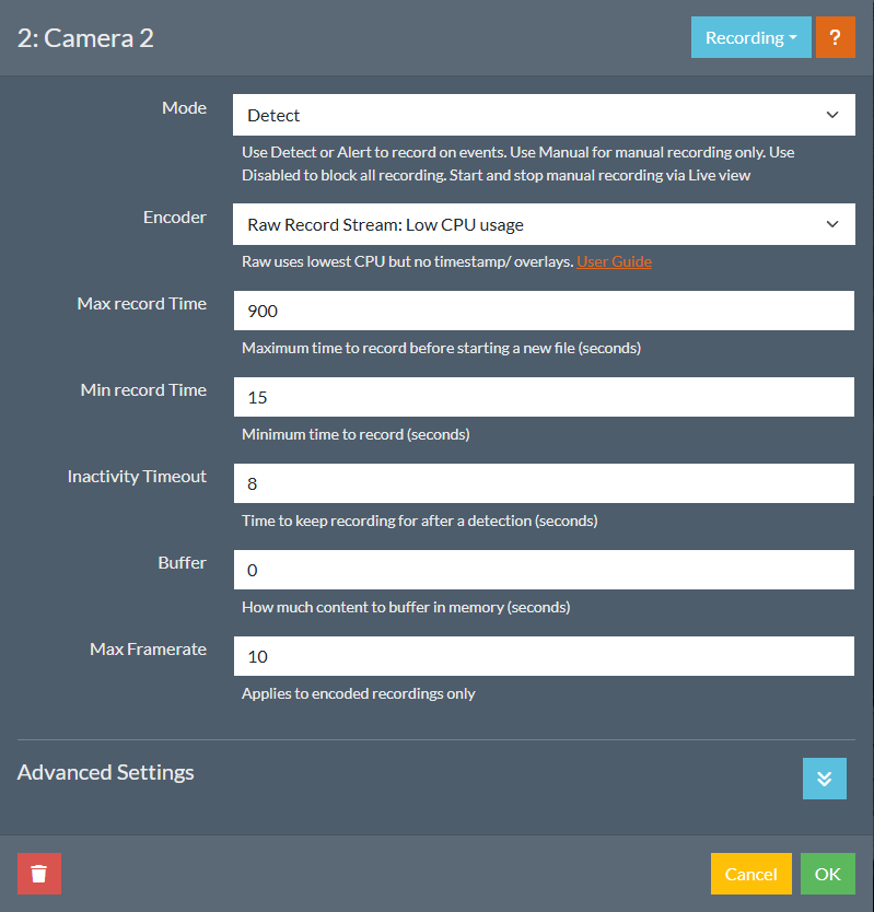 iSpy Recording Mode Settings